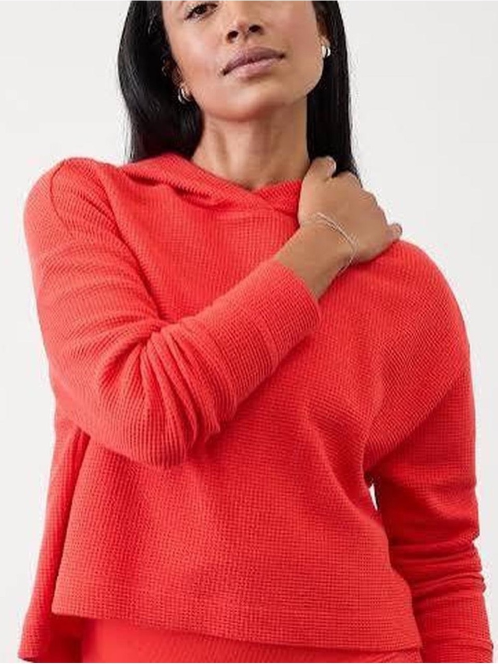 Athleta Cropped Hooded Sweater Coral Red Waffle Knit Boxy Oversized Medium